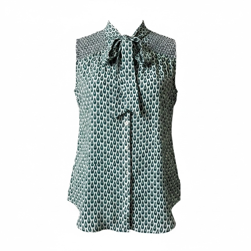 Chelsea28 Teal Teardrop Print Tie Neck Smocked Sleeveless Blouse XS